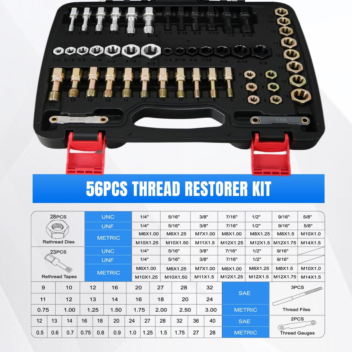 56PCS Thread Chaser Set SAE Metric Universal UNC UNF Sizes | Master Thread Repair Kit with Case 23 Taps 28 Dies 3 Files 2 Gauge Automotive Tool for Mechanics Auto Shop Home Garage Repair