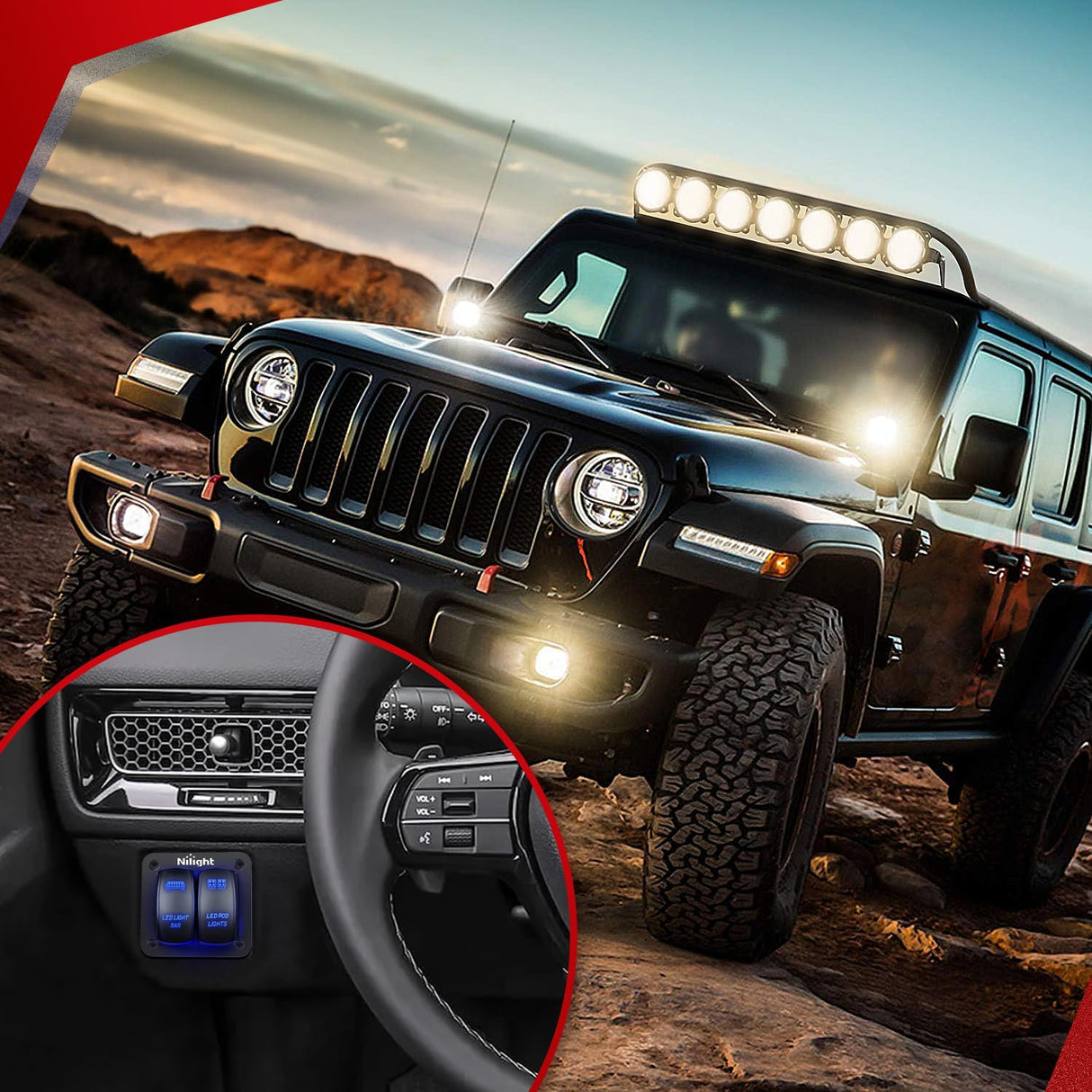 16AWG Wire Harness LED Light BAR and LED POD Lights 4 Leads W/ 12V 5Pin Switch | 6 Fuses | 8 Spade Connectors Nilight