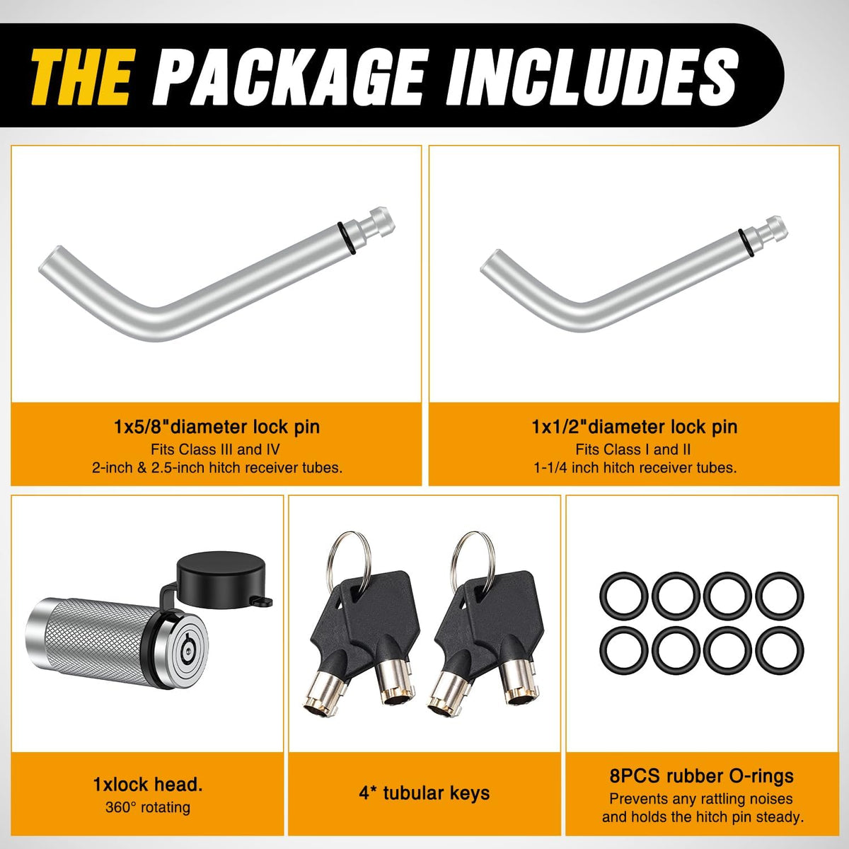 Trailer Hitch Lock Pin 1/2 Inch & 5/8 Inch Locking Receiver Hitch Pin Keyed Unique Weatherproof Anti-Theft Lockable Fits 2 Inch 2-1/2 Inch & 1-1/4 InchReceiver Tow Truck Boat Bike Truck Silver