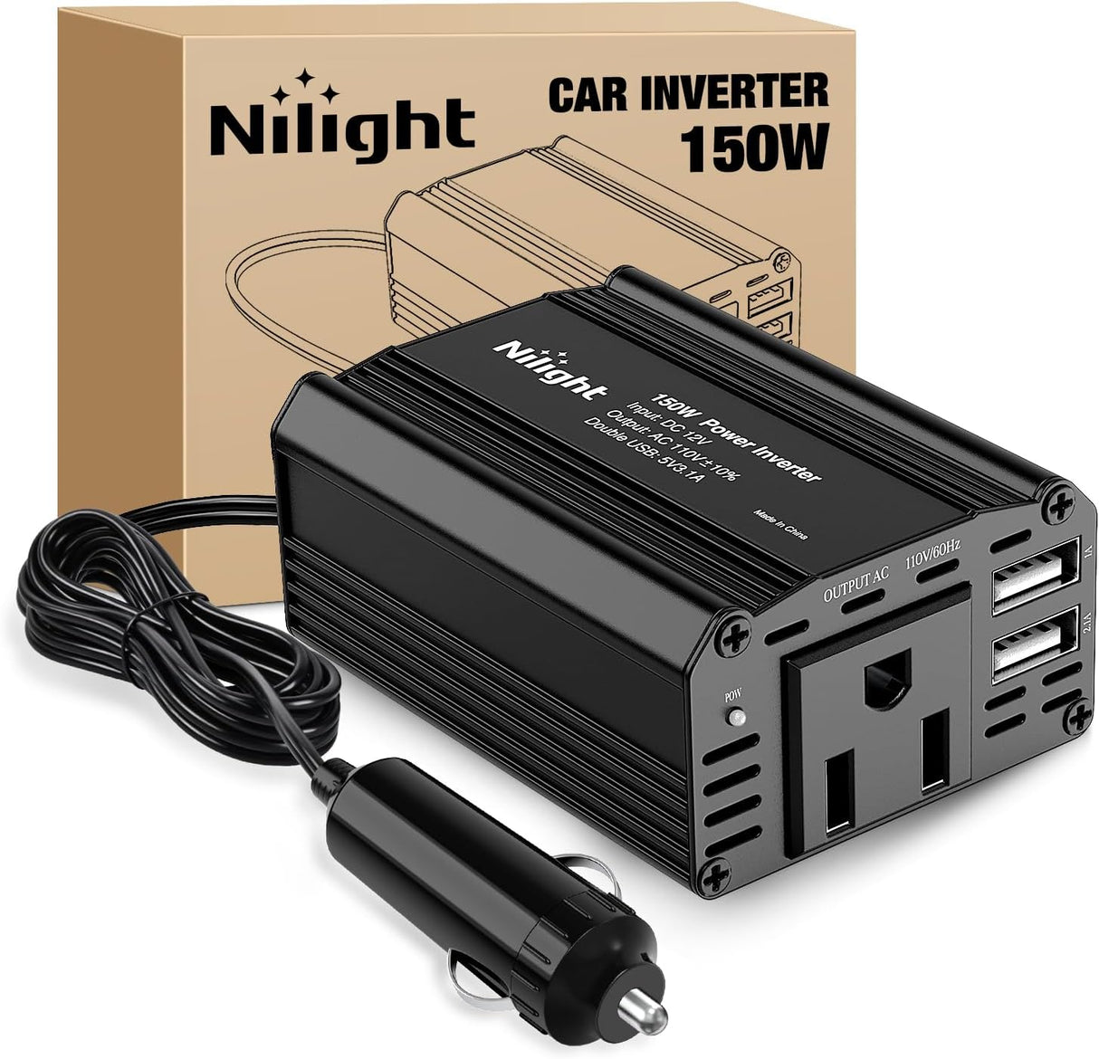 150W Power Inverter 12V DC to 110V AC Car Charger Converter with 3.1A Dual USB Ports and 1 AC Outlets for Phones Tablets Laptop Computer Game Console Kindle iPad DVD Players Black