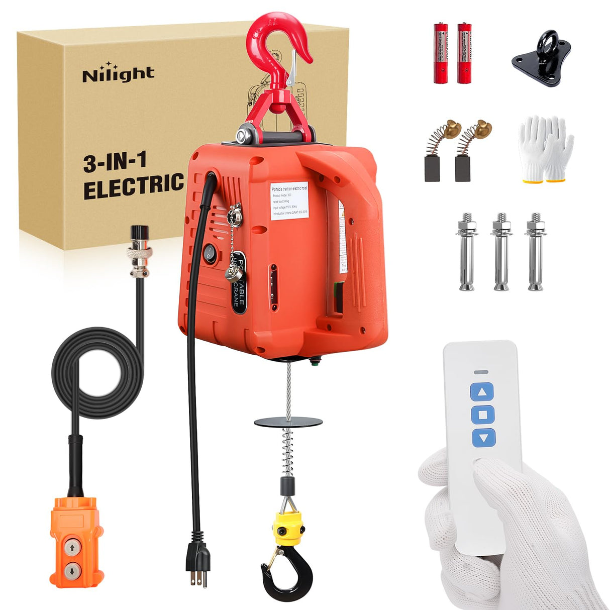 3-in-1 Electric Hoist Winch, 1100LBS 1500W Portable Power Winch Crane with Manual Wired Wireless Remote Control, 110V Electric Hoist 25FT Lifting Height for Garage Warehouses Factories, Orange
