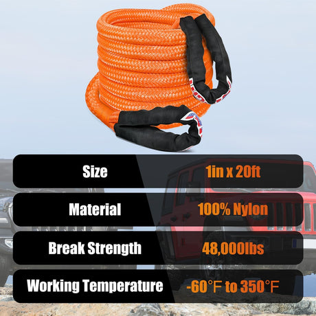 Kinetic Recovery Rope 48000 LBS 1in x 20ft Snatch Strap Heavy Duty Offroad Towing Starp Kit Vehicle Recovery kit for UTV ATV SUV Truck Car Jeep Tractor