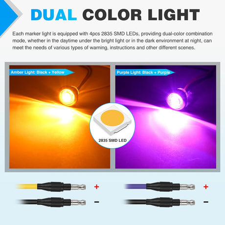 3/4 Inch Dual Color Marker Light 10PCS Amber to Purple Turn Signal Auxiliary Side Marker Clearance Indicator Bullet Lights 3 Plug IP68 Waterproof for Trailer Truck Pickup Camper RV ATV UTV Van Bus