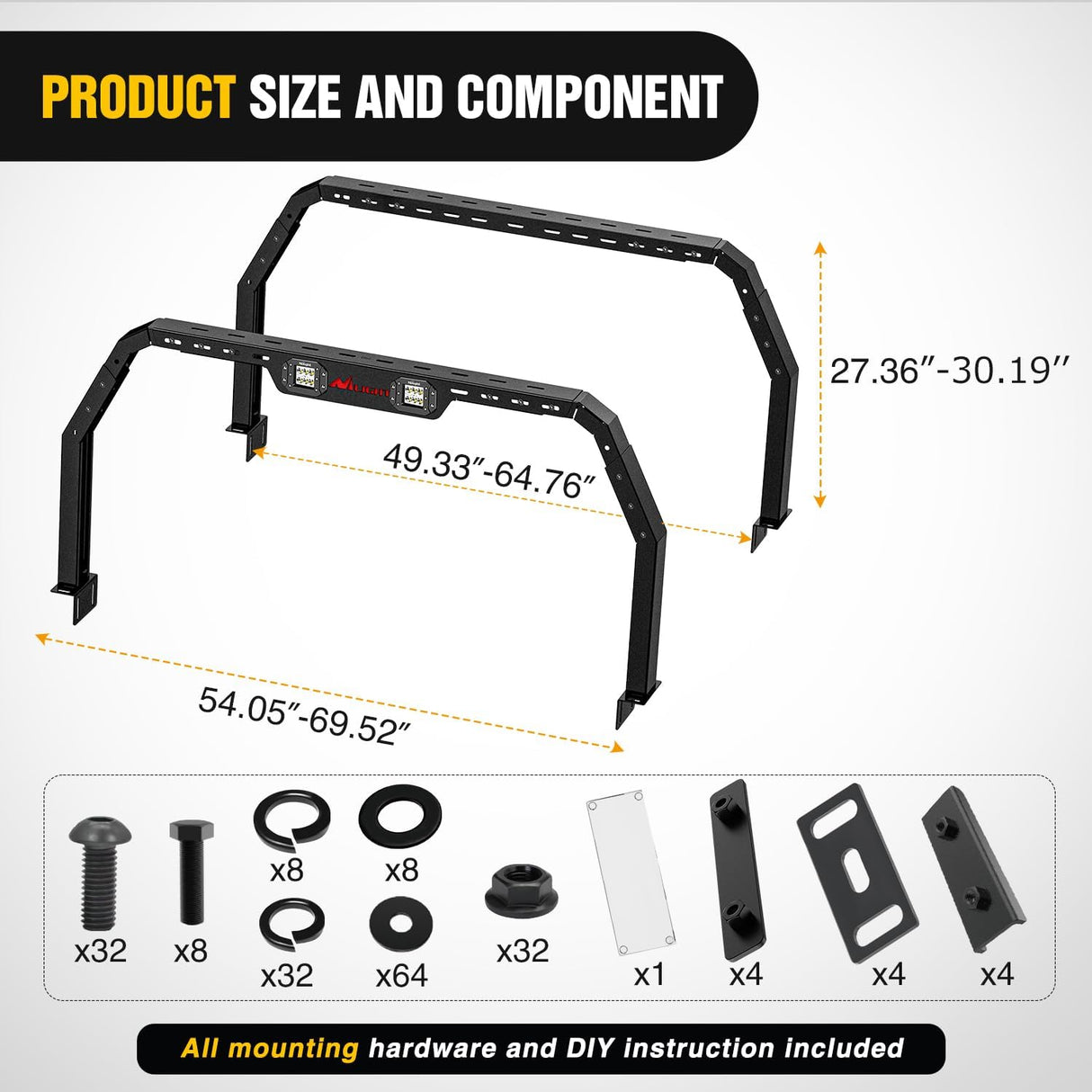 Adjustable 27-30 Inch High Truck Ladder Bed Rack Compatible with Tacoma/Tundra/Ram 1500/ Silverado/Sierra 1500/ F150/ Gladiator JT/Titan/Frontier/Colorado/Canyon/Ranger with 2 LED Lights