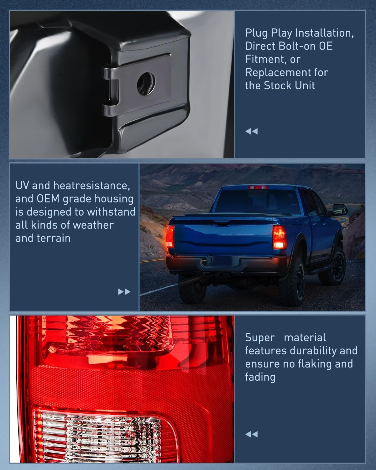 Headlight and Taillight Assembly Combo Compatible with 2009 2010 2011 2012 2013 2014 2015 2016 2017 2018 Dodge Ram for Quad Models Chrome Housing Clear Reflector with Red Housing Tail Light