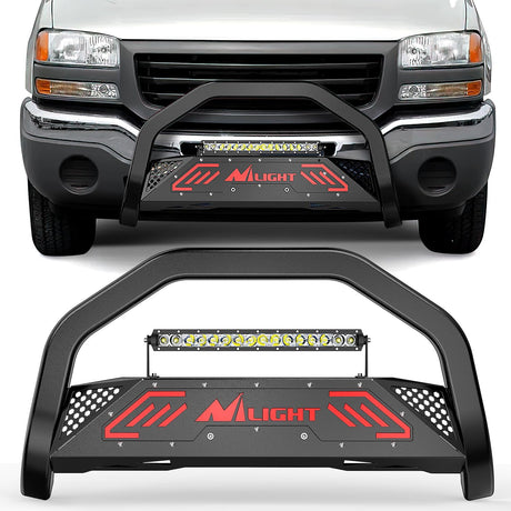 Bull Bar with Light fits 1999-2006 Chevy Silverado & GMC Sierra (07 Classic)/ 2000-2006 Suburban Tahoe & Yukon & XL / 2002-2006 Avalanche Front Bumper Grille Guard with Skid Plate Licence Hole