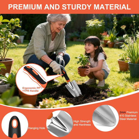 Gardening Tools 9-Piece Heavy Duty Garden Tool Set Gardening Supplies Gifts for Women Men Gardening Hand Tool Kit with Non-Slip Ergonomic Handle, Garden Bag, Durable Gloves and Shears, Orange
