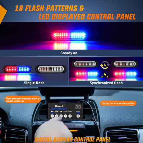 8PCS Led Strobe Lights with Controller 12V 24V Sync Feature Red Blue Strobe Light 12 LED Surface Mount Emergency Hazard Warning Lights with Strobe Controller for Vehicle Car Truck RV ATV