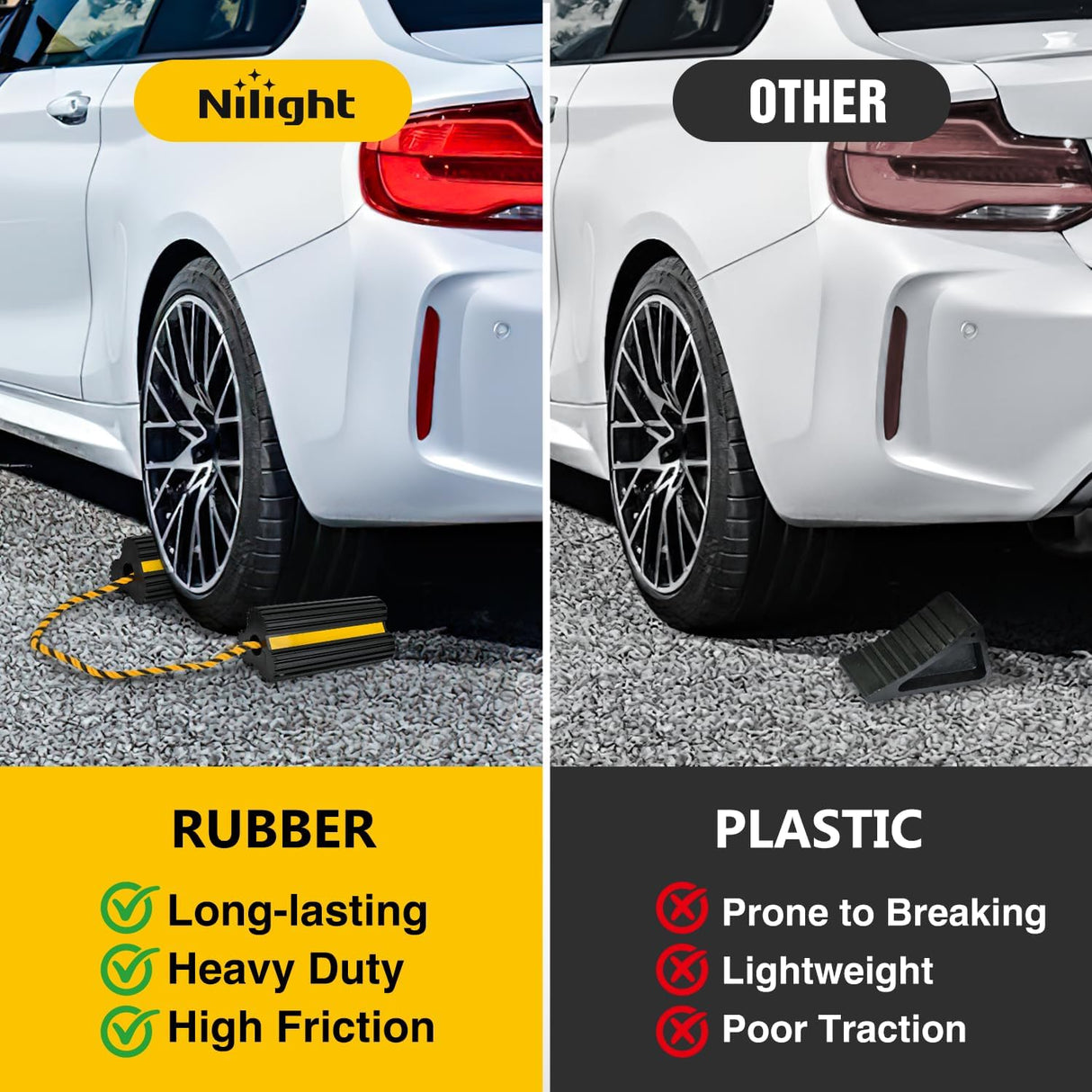 Wheel Chocks RV Car Heavy Duty Rubber Tire Chock Blocks Stopper Yellow Reflective Strips Stabilizer 4 Pack with Rope for RVs Cars Travel Trailers Campers Trucks Motorcycle Accessories Parking