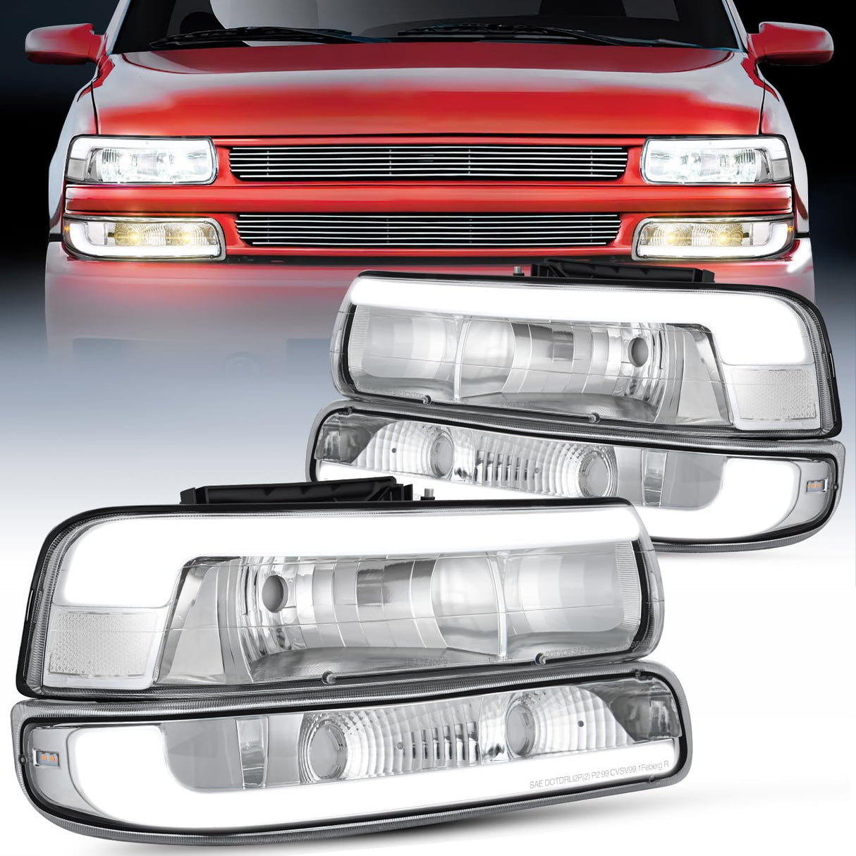 LED DRL Headlight Assembly for 1999 2000 2001 2002 Chevy Silverado 1500 1500HD 2500 2500HD 3500 Chevrolet Tahoe Suburban Replacement Headlamp Clean Lens Chrome Housing Bumper Lights Set
