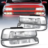 LED DRL Headlight Assembly for 1999 2000 2001 2002 Chevy Silverado 1500 1500HD 2500 2500HD 3500 Chevrolet Tahoe Suburban Replacement Headlamp Clean Lens Chrome Housing Bumper Lights Set