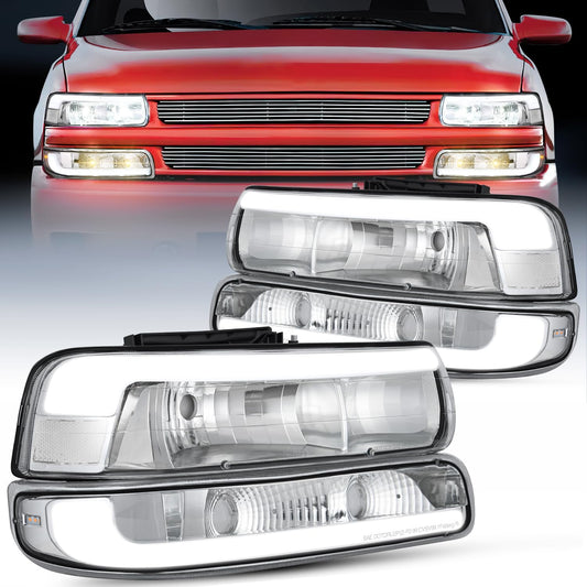 LED DRL Headlight Assembly for 1999 2000 2001 2002 Chevy Silverado 1500 1500HD 2500 2500HD 3500 Chevrolet Tahoe Suburban Replacement Headlamp Clean Lens Chrome Housing Bumper Lights Set
