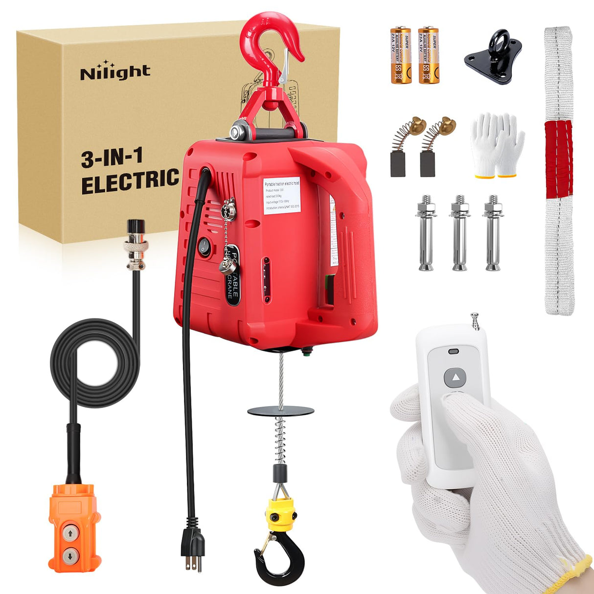 3-in-1 Electric Hoist Winch, 660LBS 1500W Portable Power Winch Crane with Manual Wired Wireless Remote Control, 110V Electric Winch 33FT/Min Speed 39FT Height for Garage Warehouse Factory, Red