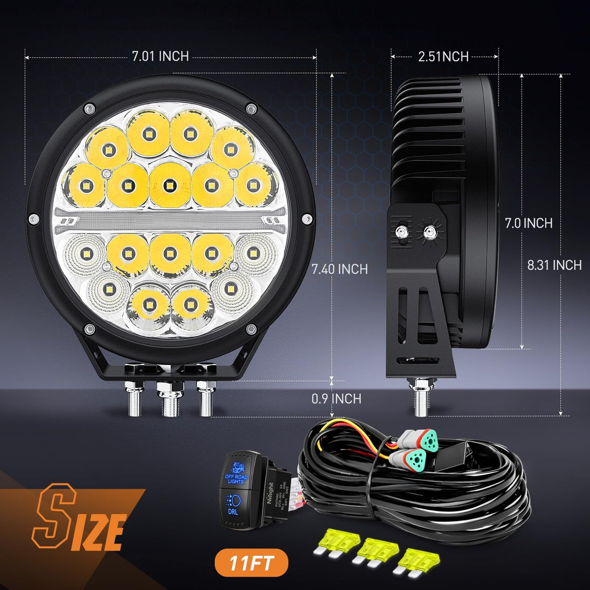 LED Offroad Driving Lights with Amber DRL 2PCS 7 Inch Round 90W IP68 Spot Flood Combo Work Light Bar with 12 AWG DT Connector Wiring Harness Kit for 4x4 Truck ATV UTV SUV
