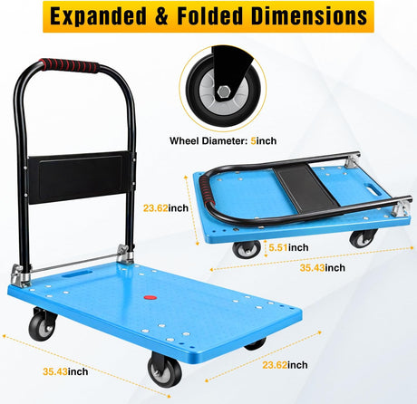 Platform Cart 880 lbs Heavy Duty Push Cart Dolly with 5 Inch TPR Wheels 36 x 24 Inch PP Deck Flatbed Cart Platform Truck for Home Garage Warehouse Use Black