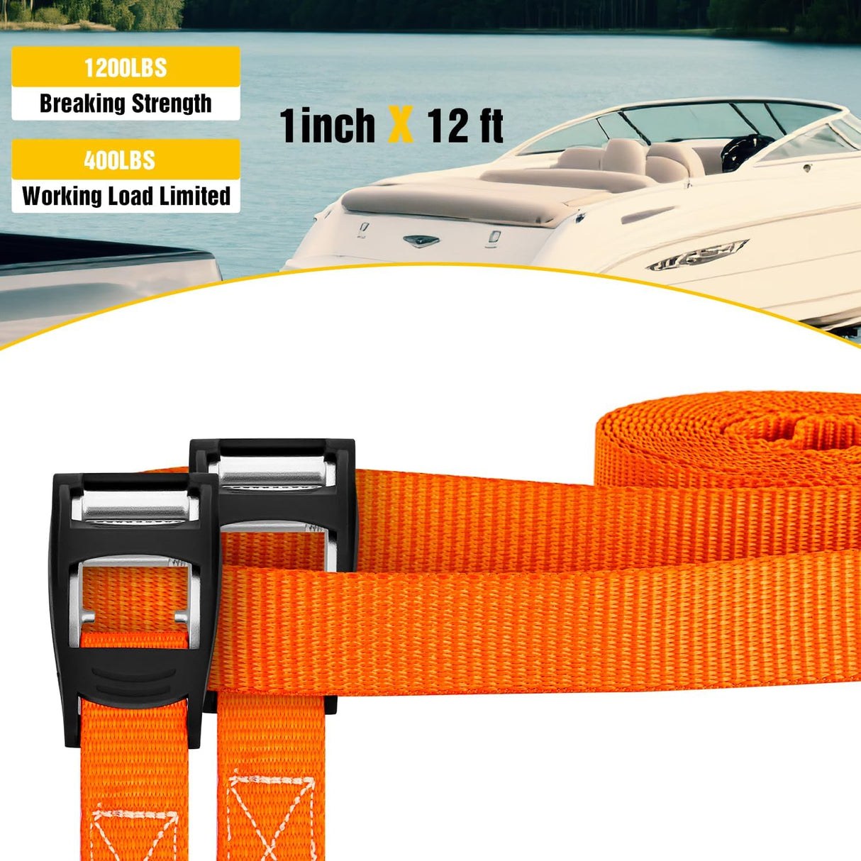 1in x 12ft Heavy Duty Lashing Straps 4PCS | Adjustable Cam Buckle Tie-Down Straps 1320LBS for Motorcycle Boat RV Cargo Trucks Trailer Luggage Orange&Black
