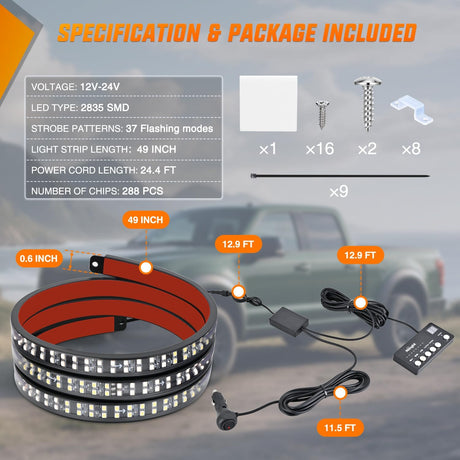 49 Inch Emergency Strobe Light Strips with Controller, 288LED Flashing Warning Hazard Safety Rear Window Tailgate Lights for Truck Trailer Construction Plow Pickup Tow SUV Vehicles, Red White