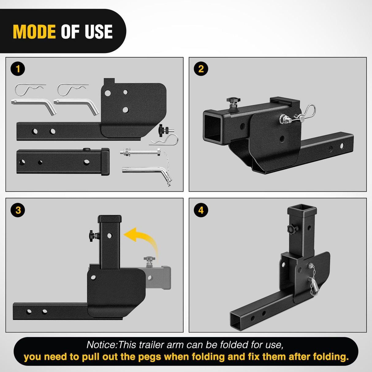 Trailer Hitch Folding Extender Mount Shank 16.54 Inch Compatible with Wheelchair Cargo Carrier Adapter for 2 Inch Receiver Trailer Hitch 500lbs Black Powder Coated