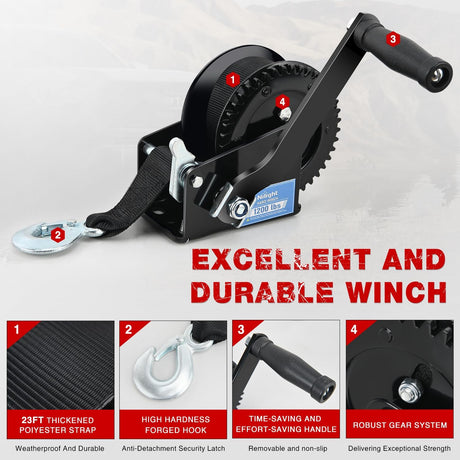 Boat Trailer Winch 1200 Lbs Hand Crank Winch Heavy Duty Boat Winches with 23Ft Strap Rope Hook 2-Way Ratchet 4:1 Gear Portable Marine Manual Winch for Trailers Boats RV ATV Jet Ski Towing