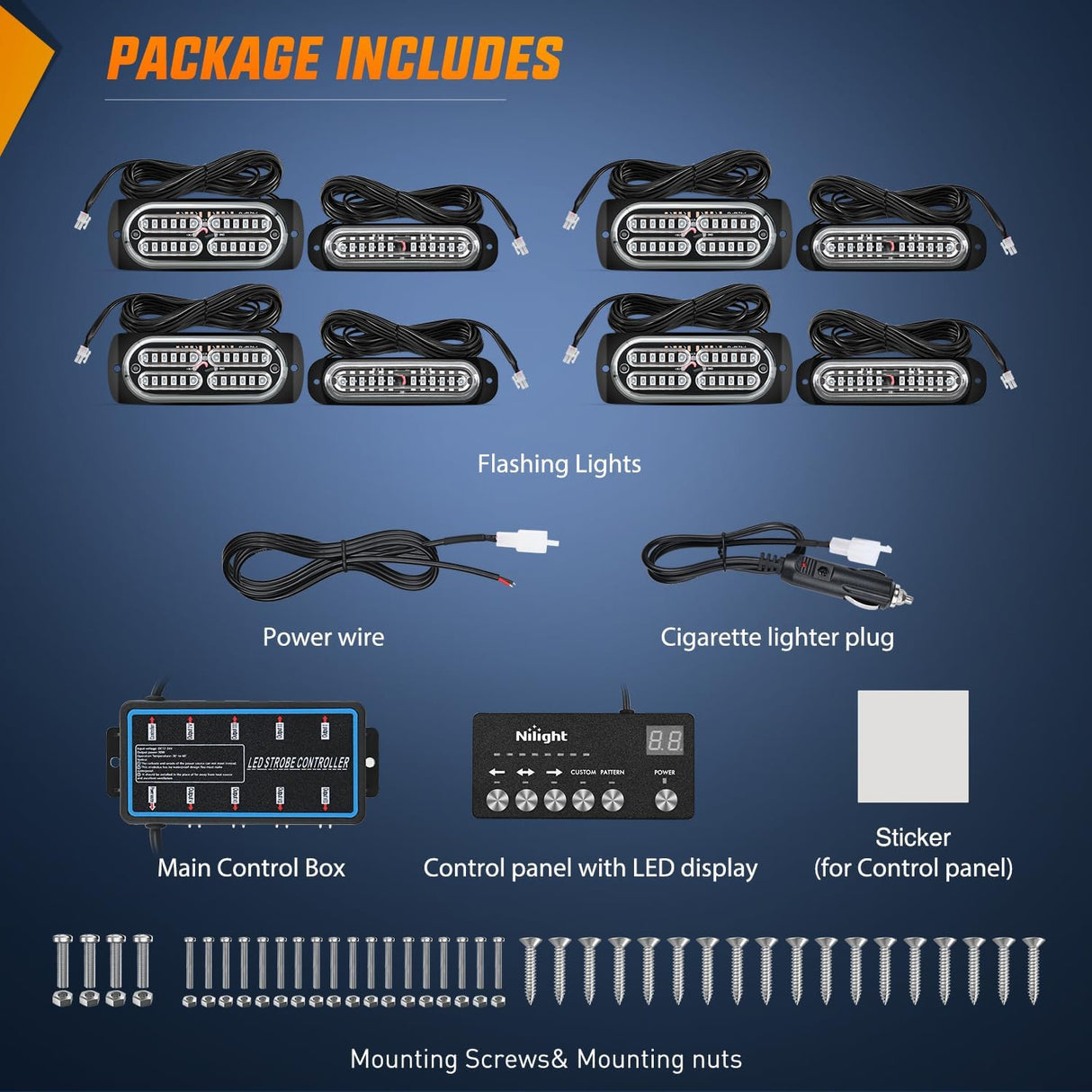 8PCS Led Strobe Lights with Controller 12V 24V Sync Feature Blue Emergency Hazard Warning Light 12 24 LED Surface Mount for Vehicle Car Truck RV ATV