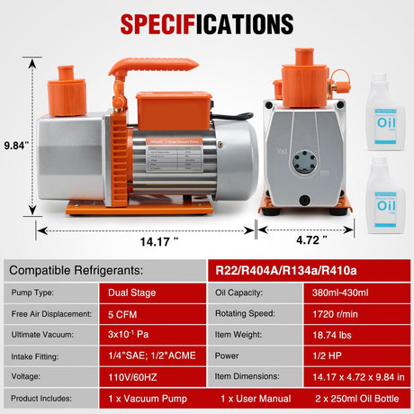Vacuum Pump HVAC, 5 CFM 1/2 HP 110V 2 Stage AC Vacuum Pumps Kit for R22 R404a R134a R410a, 3x10⁻¹ Pa Ultimate Vacuum for Auto Air Conditioning Servicing Refrigerant Recharging, Oil Included