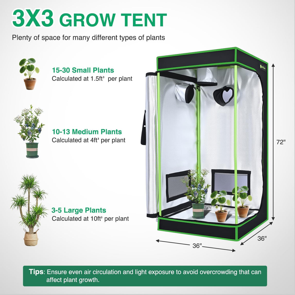 3x3 Grow Tent 36 Inchx36 Inchx72 Inch High Reflective Mylar Indoor Growing Tents 600D Oxford Cloth with Observation Window and Removable Floor Tray for Hydroponics Indoor Plants Fruit Flower Veg Growing