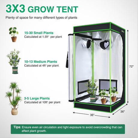 3x3 Grow Tent 36 Inchx36 Inchx72 Inch High Reflective Mylar Indoor Growing Tents 600D Oxford Cloth with Observation Window and Removable Floor Tray for Hydroponics Indoor Plants Fruit Flower Veg Growing