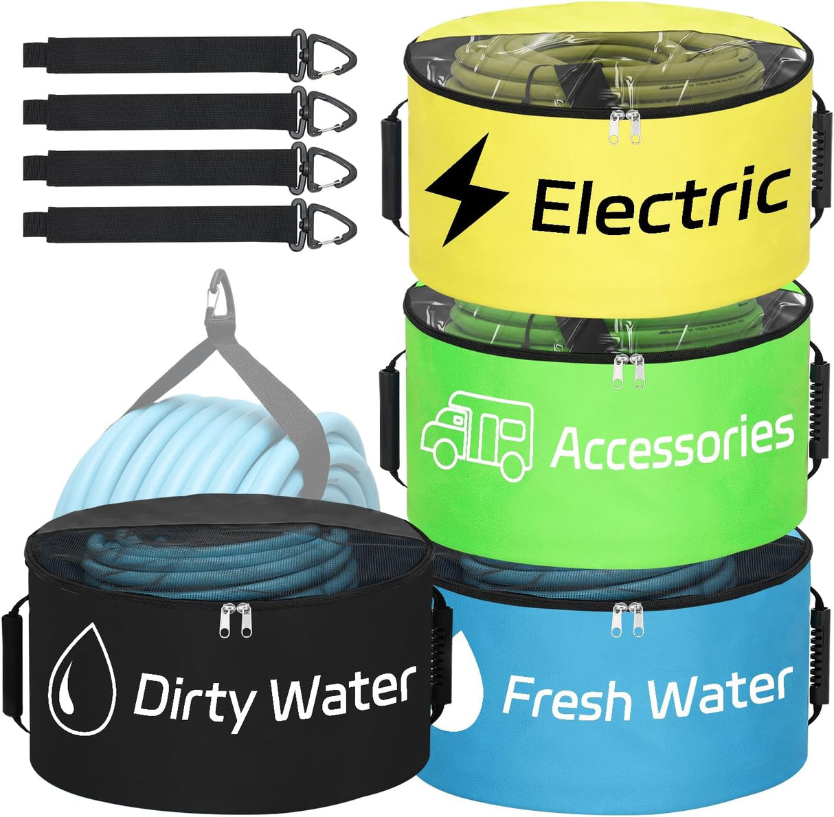 4 Pack RV Hose Storage Bag, Waterproof Utility Bag with Visible Cover & Dual Zipper Closure RV Storage and Organization for Sewer, Fresh Water Hoses Electrical Cords Camper Tools Accessories