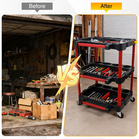 3-Tier Car Detailing Cart with Polisher Brackets - Rolling Utility Plastic Cart with Organizer & Hooks - Heavy Duty Mobile Tool Station