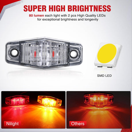2.5 Inch Oval Side Marker Clearance Light 2 LED 4 Amber & 4 Red Light White Lenses 80LM High Lumen Waterproof Surface Mount 12V Direct Wire for Truck Trailer Boat RV Semi
