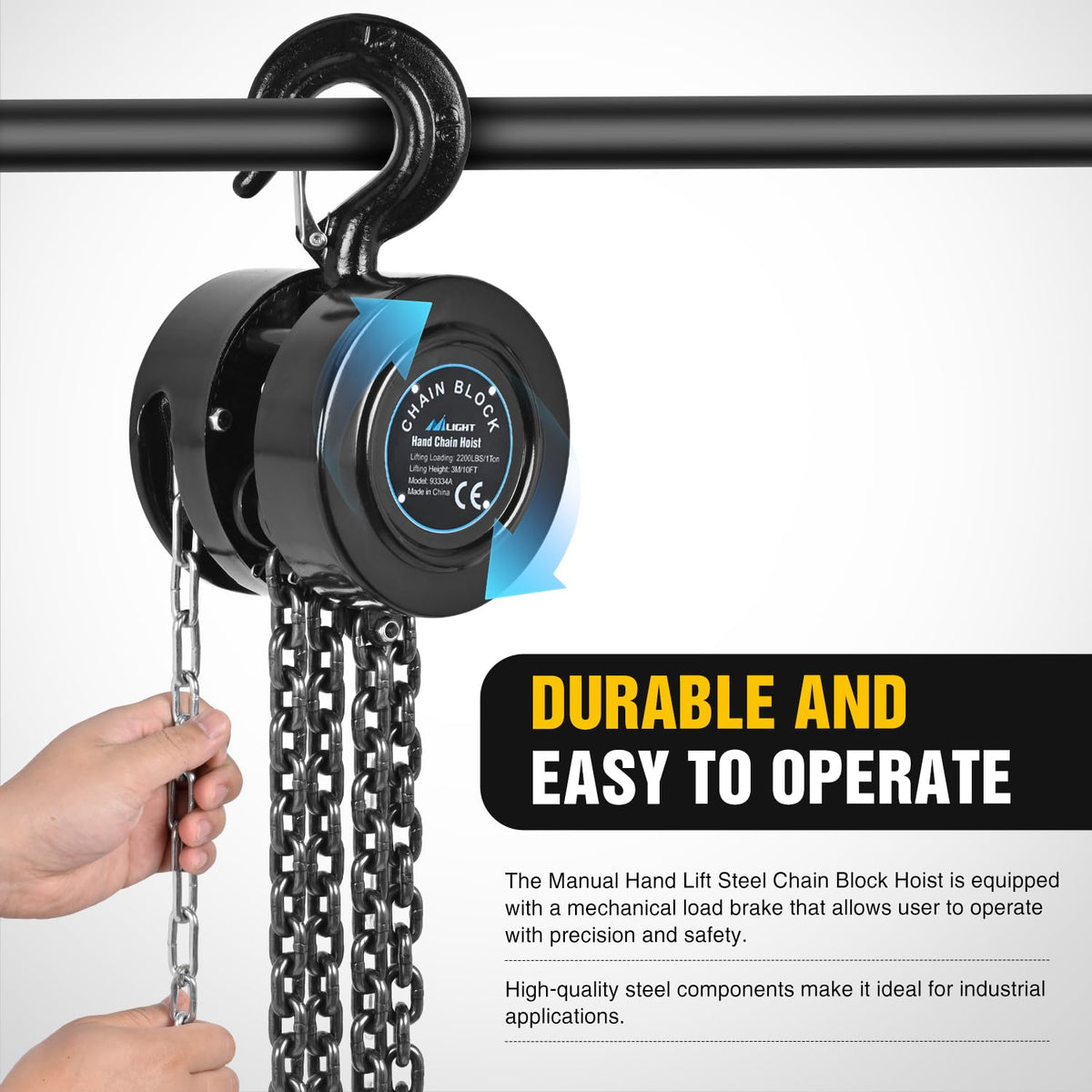 Manual Chain Hoist with Upgrade G70 Galvanized Chain1 Ton 2200 lbs Capacity 10 ft Lifting Height with 2 Hooks Heavy Duty Pulley Hoist for Garage Warehouse Automotive Machinery