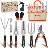 Gardening Tools 9-Piece Heavy Duty Garden Tool Set Gardening Supplies Gifts for Women Men Gardening Hand Tool Kit with Non-Slip Ergonomic Handle, Garden Bag, Durable Gloves and Shears, Orange