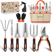 Gardening Tools 9-Piece Heavy Duty Garden Tool Set Gardening Supplies Gifts for Women Men Gardening Hand Tool Kit with Non-Slip Ergonomic Handle, Garden Bag, Durable Gloves and Shears, Orange
