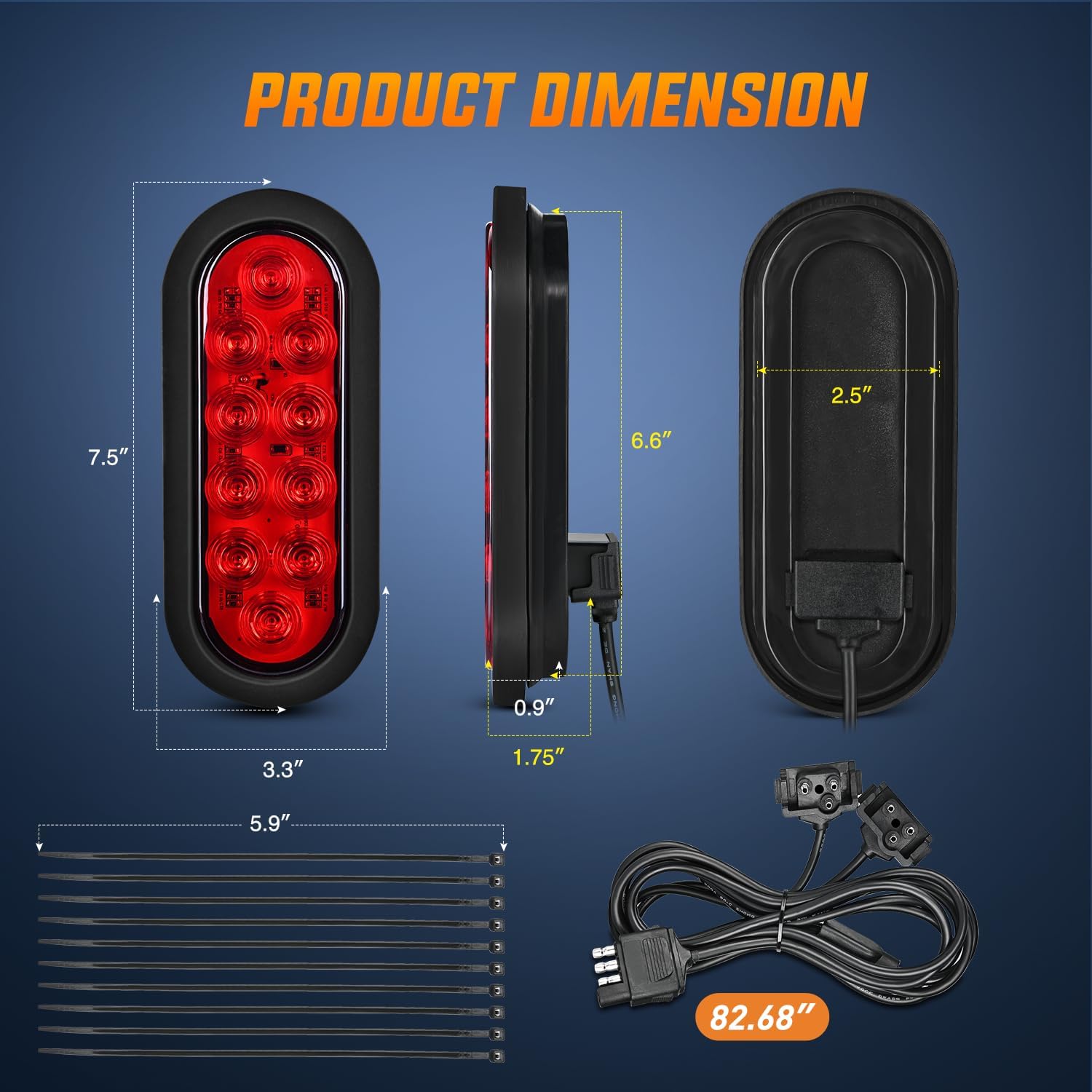 6" Oval Red LED Trailer Tail Lights W/ Flush Mount Grommets Wire Harness (Pair) Nilight