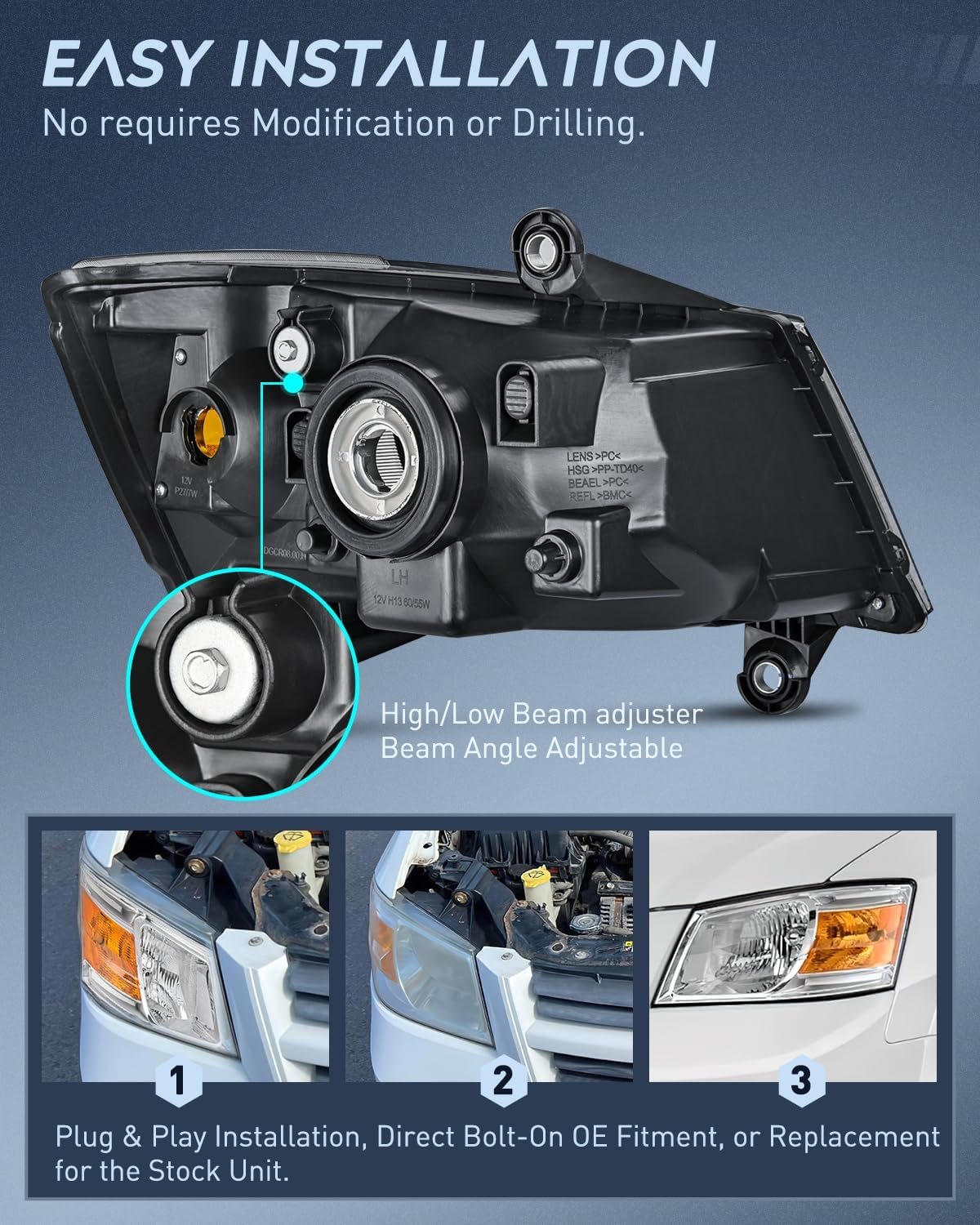 2008-2010 Dodge Grand Caravan Headlight Assembly Chrome Case Amber Reflector Nilight