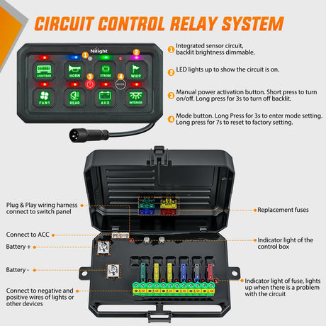 8 Gang Switch Panel Green Circuit Control Relay System with Fuse Wiring Harness Toggle Momentary Strobe Flash Modes Automatic Dimmable ON Off Pod 12V 24V for Car Truck Camper SUV