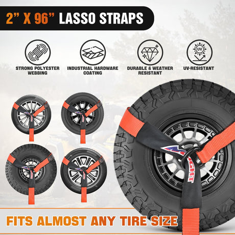 Car Tie Down Straps with Chain Hook Anchors 4 Pack Adjustable Wheel Straps 2 Inch x 96 Inch Lasso Style 3,674 lbs Safe Working Load Comes with Bag for Truck Cars UTV Orange