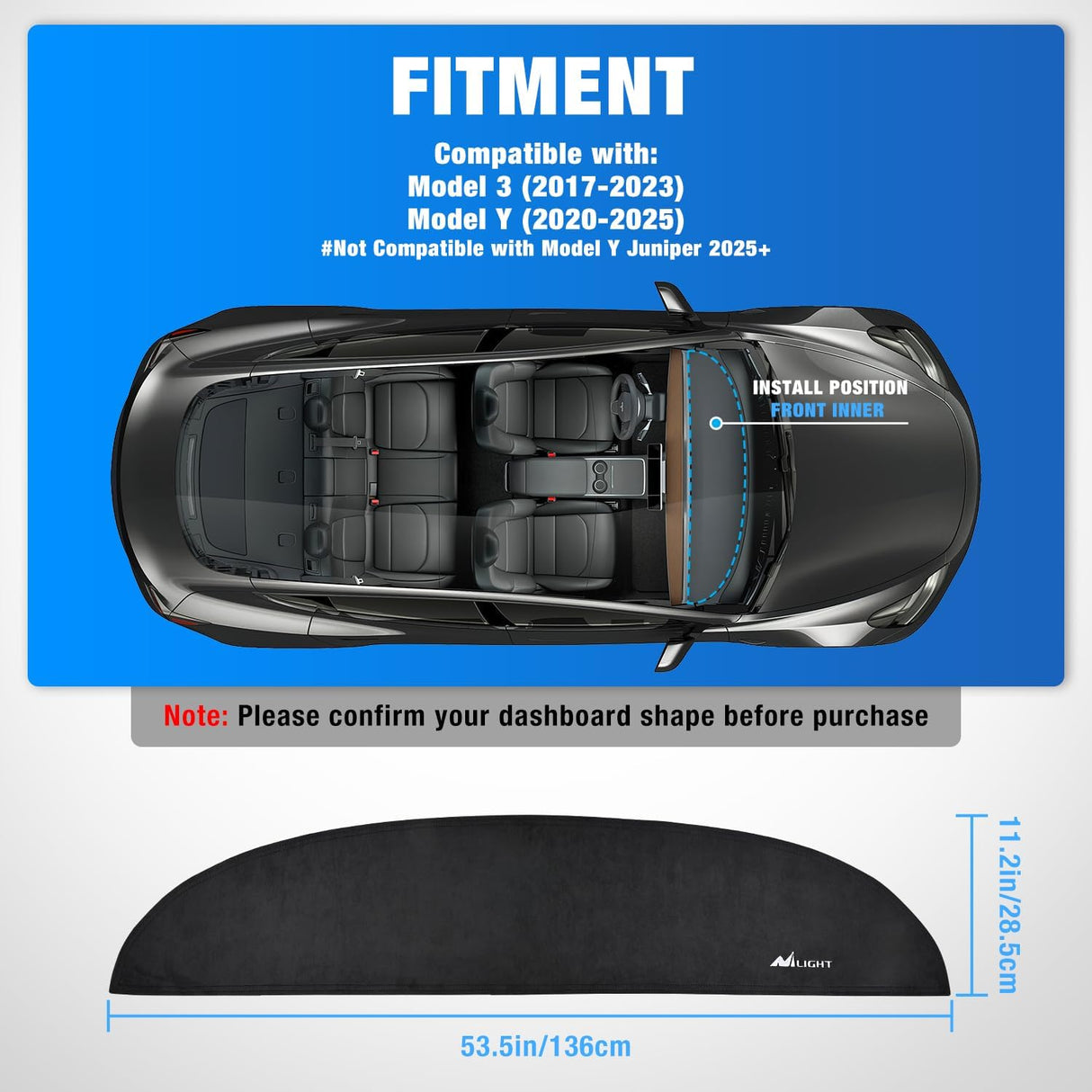 Dash Cover for Tesla Model 3/Y, Custom Fit Suede Mat | Non-Slip Backing, Reduce Sun Glare and Protect the Dashboard from UV Exposure