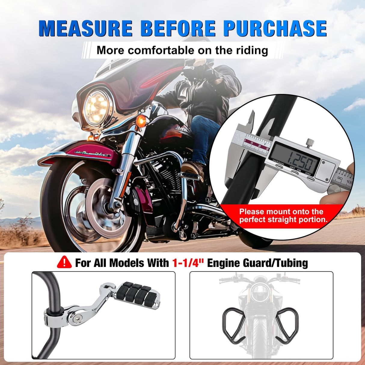 1.25 Inch Motorcycle Highway Pegs For Harley Davidson Touring Road King Street Glide Sportster Adjustable Long Angled Foot Pegs Universal For 1-1/4 Inch Engine Guard Crash Bars Highway Footpegs Chrome