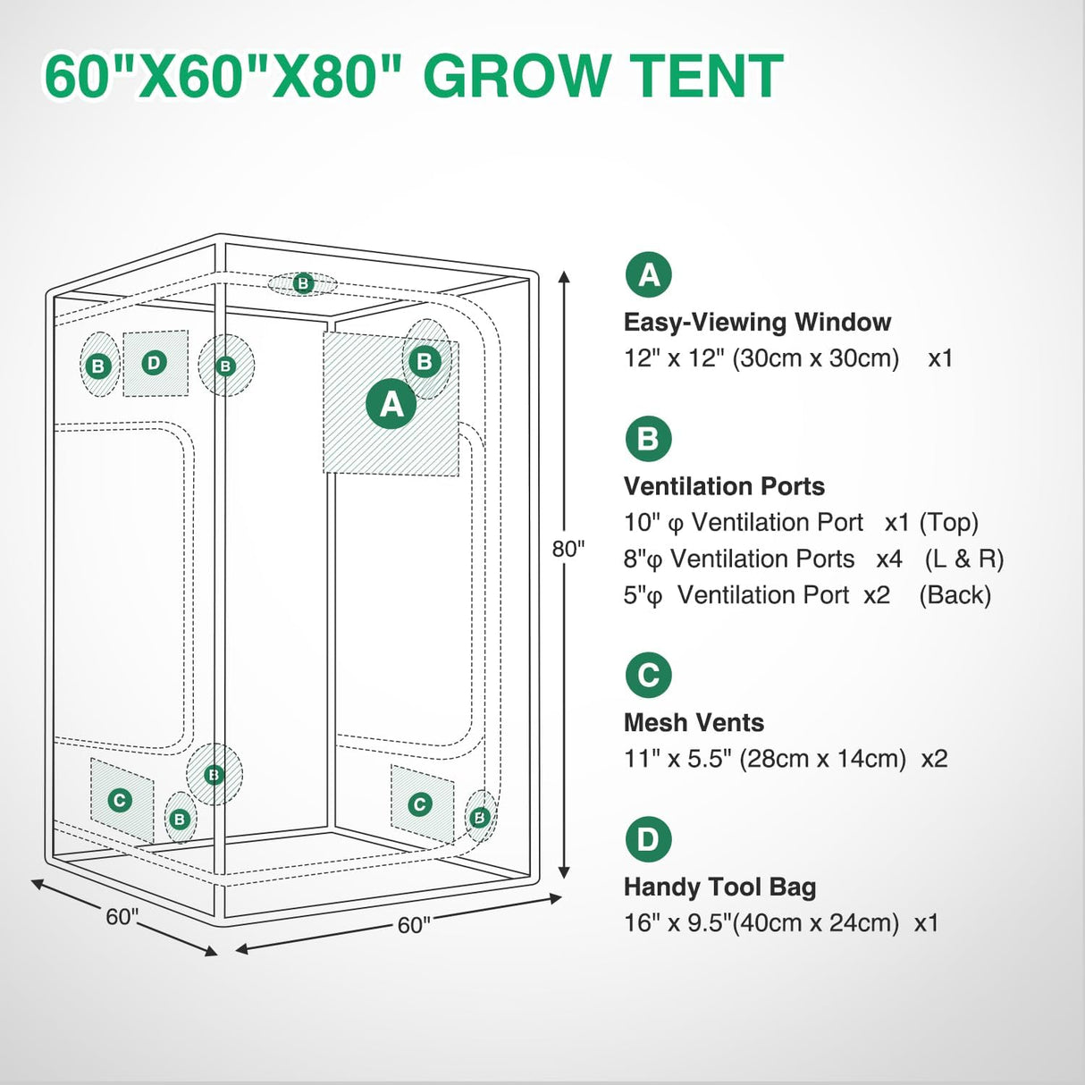 5x5 Grow Tent 60 Inchx60 Inchx80 Inch High Reflective Mylar Large Indoor Growing Tents 600D Oxford Cloth with Observation Window and Removable Floor Tray for Hydroponics Indoor Plants Fruit Flower Growing