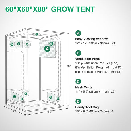 5x5 Grow Tent 60 Inchx60 Inchx80 Inch High Reflective Mylar Large Indoor Growing Tents 600D Oxford Cloth with Observation Window and Removable Floor Tray for Hydroponics Indoor Plants Fruit Flower Growing