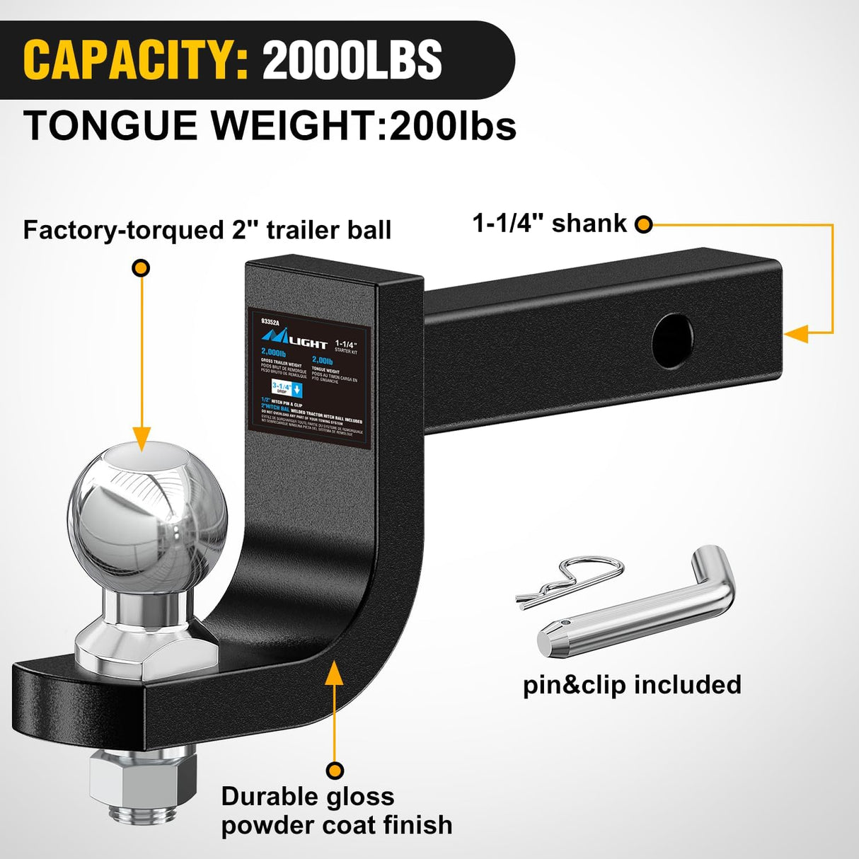 Trailer Hitch Ball Mount with 2-Inch Ball Fits 1-1/4 Inch Receiver | with 1/2 Inch Hitch Pin Clip 2000 lbs 3-1/4 InchDrop Gloss Black Powder Coat