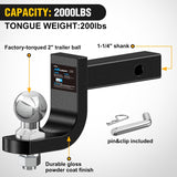 Trailer Hitch Ball Mount with 2-Inch Ball Fits 1-1/4 Inch Receiver | with 1/2 Inch Hitch Pin Clip 2000 lbs 3-1/4 InchDrop Gloss Black Powder Coat