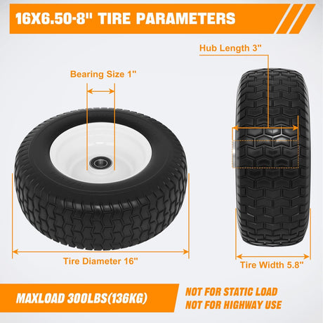 16x6.50-8 Solid Lawn Mower Tires, Flat Free Polyurethane Replacement Wheels with 1 Inch Axle Bore & 3 Inch Centered Hub, Heavy Duty Riding Mower Tire, 2 Pack