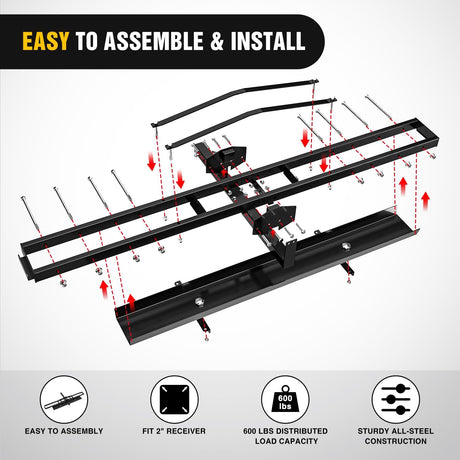 Motorcycle Hitch Carrier 600LBS, Heavy Duty Dirt Bike Hitch Hauler with 55.11 Inch Longer Ramp, Pin, Tie-Down Strap and Tightener, 2 Inch Receiver, 5 Inch Wide Tire