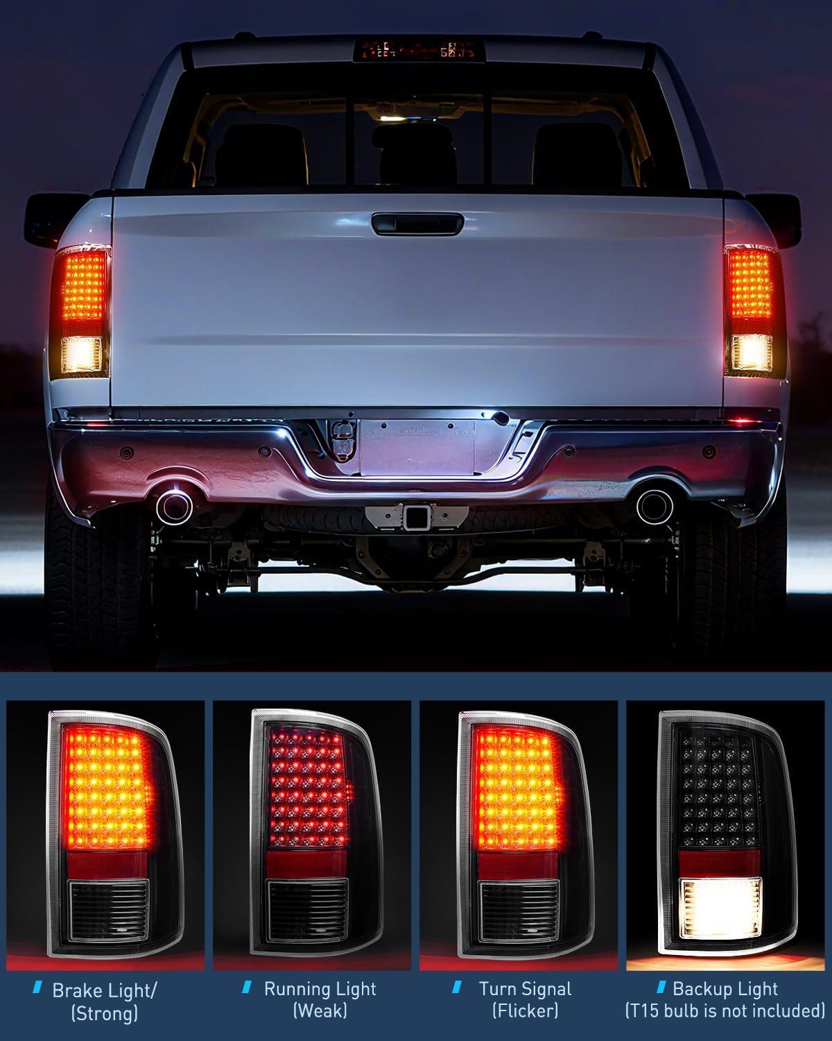 Taillight Assembly Compatible with 2009 2010 2011 2012 2013 2014 2015 2016 2017 2018 Dodge Ram 1500 2010-2018 Ram 2500 3500 Incandescent Type Upgrade LED Tail Lights Rear Brake Lamps