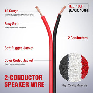 12AWG 100FT Copper Clad Aluminum Wire 12/2 Gauge Red Black CCA Electrical Cable 2 Conductor Parallel 12V/24V DC Flexible Extension Cords Nilight