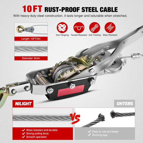 Come Along Winch 5 Ton /10,000 Lbs Heavy Duty Come Along Cable Puller Hand Winch Tool with 10 Ft Rope Double Gear 3 Hook for Lifting Pulling Road Vehicle Recovery Automotive Hoist Winch Puller