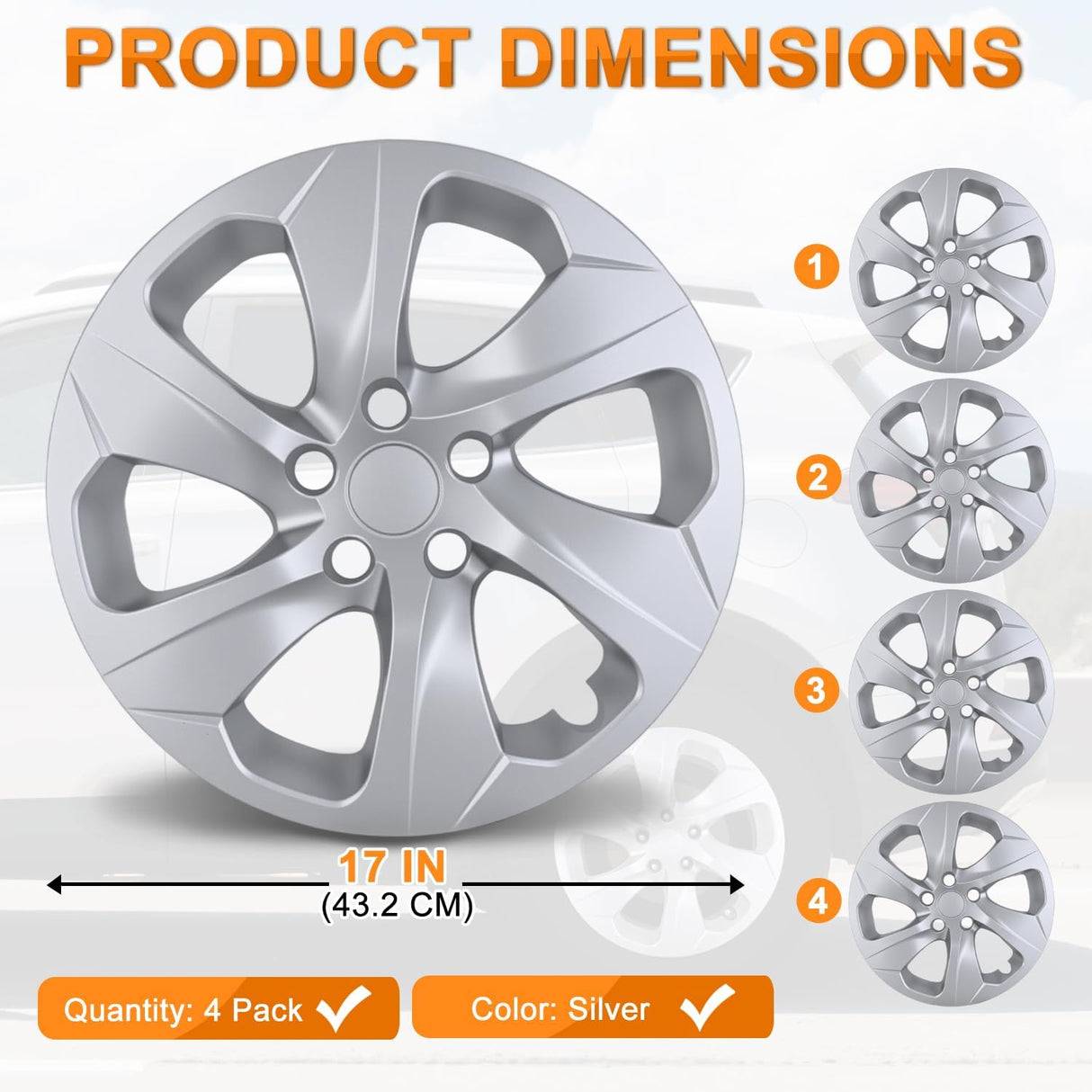Wheel Cover Hubcaps 17 Inch Compatible for Toyota RAV4 2019 2020 2021 2022 2023 2024 2025 Hub Caps 17 inch Set of 4 Rim Covers Protector Wheel Replacement 42602-0R040 42602-42040, Silver
