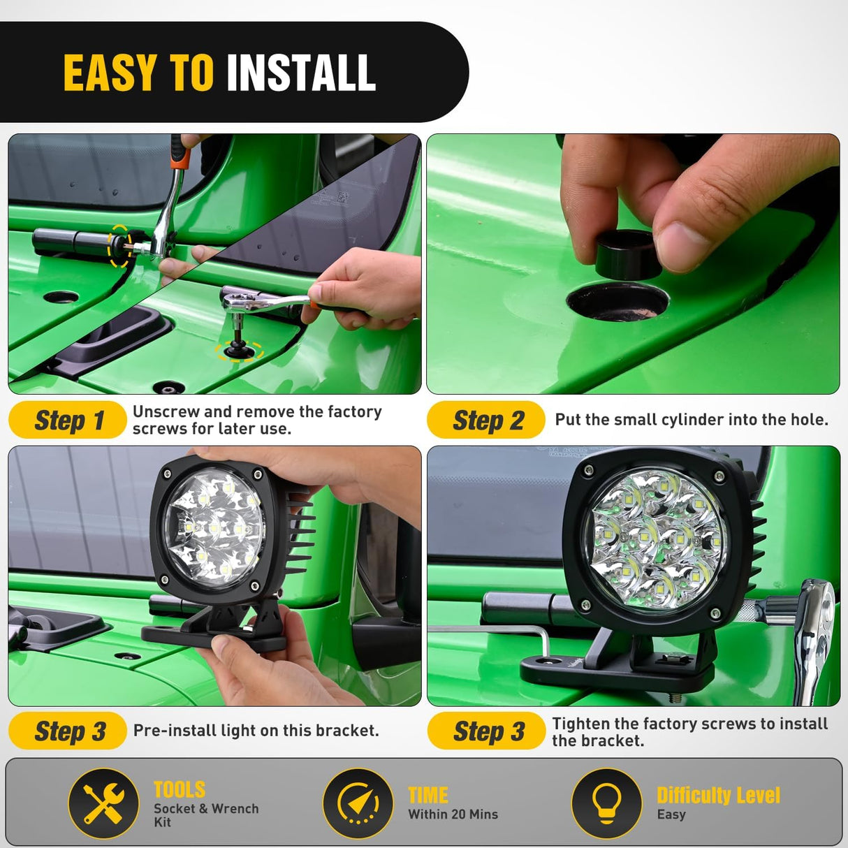 Light Mounting Bracket Hood Cowl Mount Brackets for Front A-Pillar Auxiliary Offroad LED Work Pods Lights on Jeep Wrangler JL JLU Gladiator JT 2018 2019 2020 2021 2022 2023 2024 2025, Black